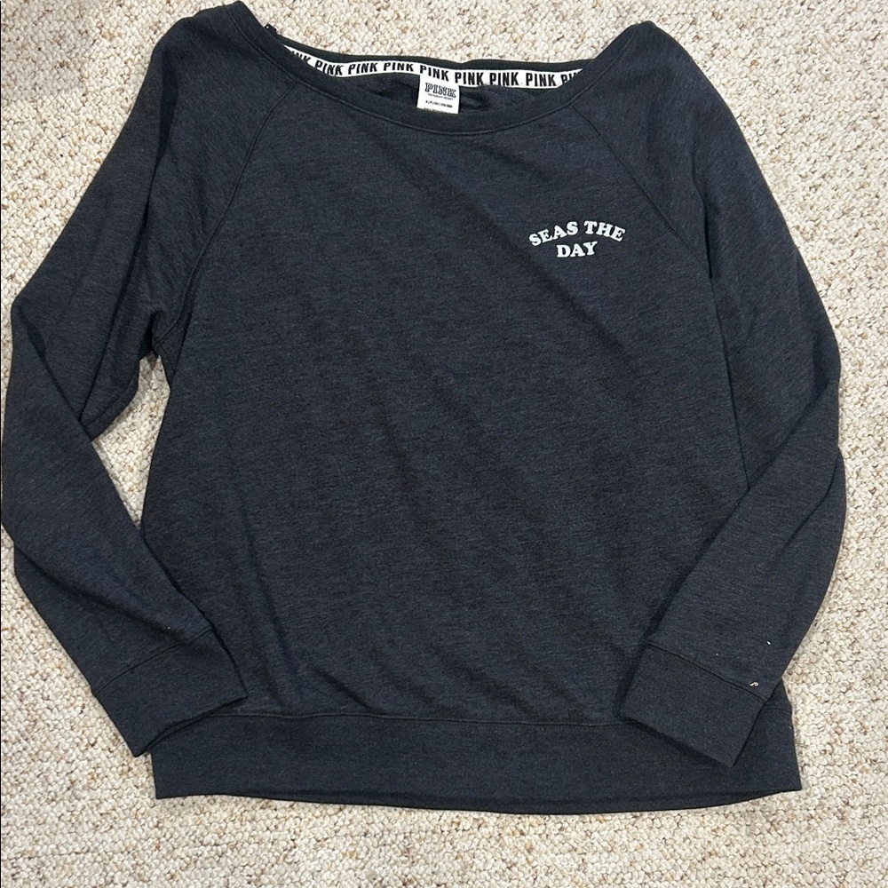 Victoria's Secret “Seas theDay” Grey Black Sweatshirt-Off Shoulder/Open Back